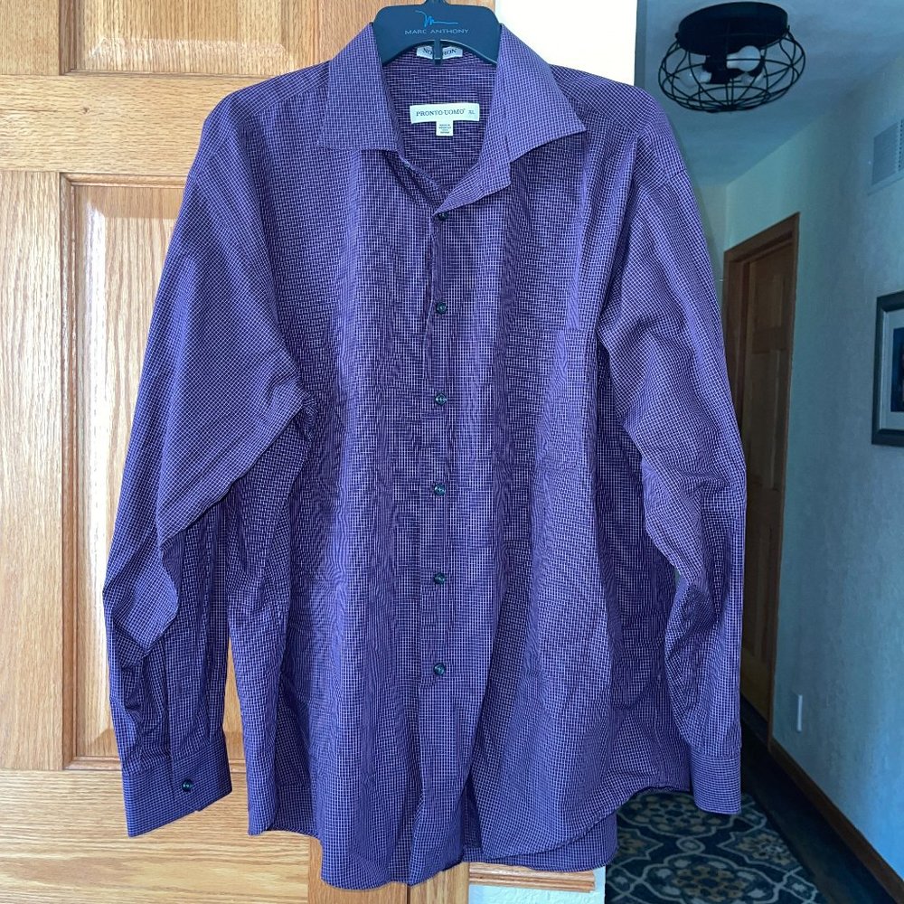 Pronto-Uomo XL Non Iron Purple White Checkered Casual Dress Shirt